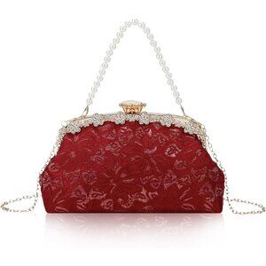 ⚡ Women's Red Fabric Lace Pearl Chain Rhinestones Shoulder Clutch Bag